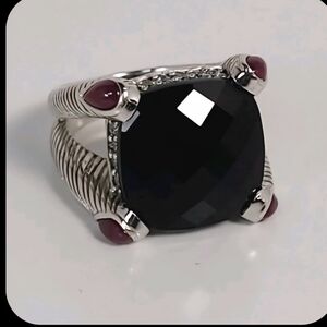 JUDITH RIPKA SQUARE BLACK FACETED ONYX GEM WITH RUBY ACCENTS
